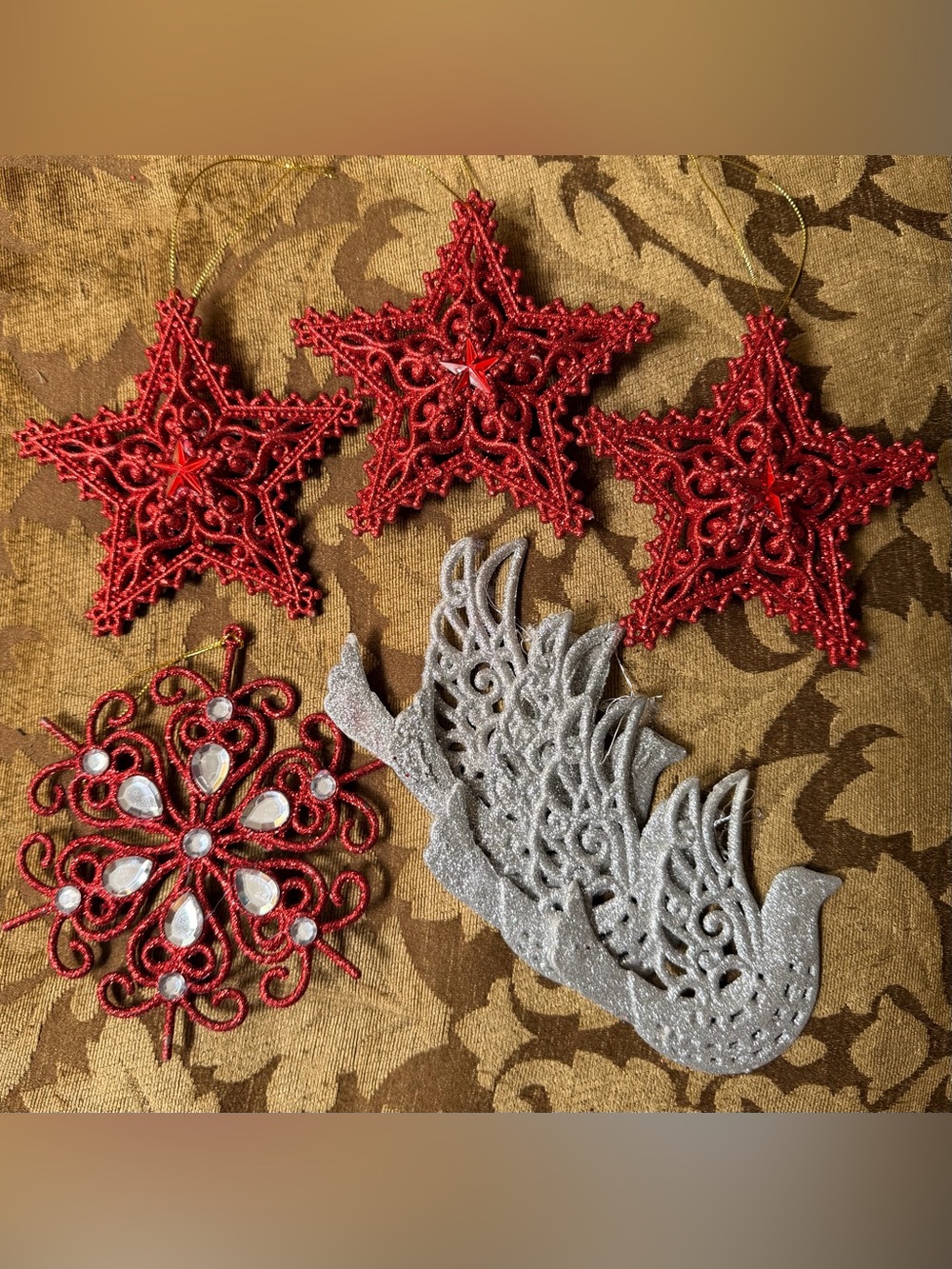 Festive Red Star & Silver Dove Holiday Ornament Set Glitter 8 Total